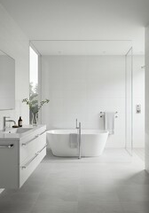 Modern Minimalist Bathroom Featuring Free-standing Bathtub and White Tiles