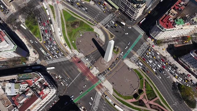 The obelisk seen by drone in the capital Buenos Aires, Argentina.