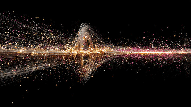 Hyperrealistic visualization of particle collisions in air, showing dynamic energy, glowing interactions, abstract scientific phenomena, and the intricate beauty of microscopic physics in motion.