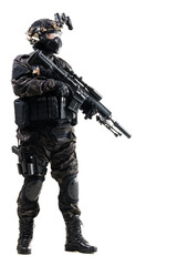 Full-body view of a tactical soldier in black uniform holding a rifle