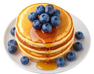 Stack of Fluffy Pancakes with Blueberries and Maple Syrup, Top View, Transparent Background