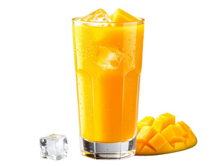 Tall Glass of Fresh Mango Juice with Ice Cubes, Transparent Background