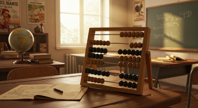 A vintage classroom with an abacus globe books and map