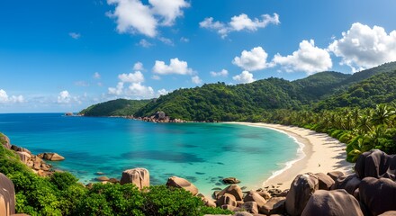 Tropical beach with golden sand, clear sea, and green mountains under blue sky