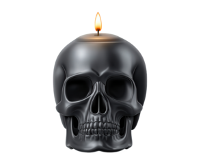 Spooky black skull candle with burning flame creates dark, gothic, and mysterious atmosphere. Decorative object for Halloween ritual or celebration on transparency background