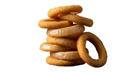 Stack of crispy golden onion rings close-up on a transparent background
