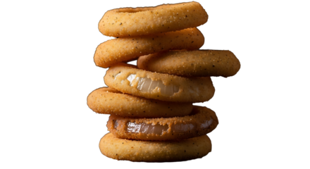 Crispy golden onion ring stack, a tempting treat, on transparent background