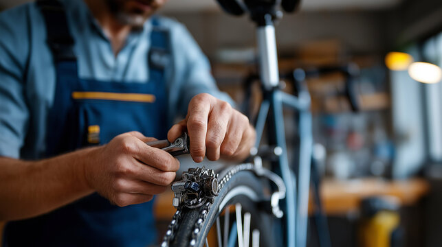 Female bicycle mechanic's hands with tool belt adjusting bike gears and chain with specialized tools bicycle frame elevated on repair stand workshop walls with hanging bikes and