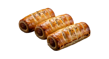Golden flaky sausage rolls baked to perfection on transparent background