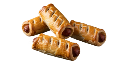 Savory sausage rolls baked to golden perfection on transparent background