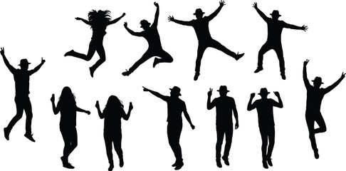 Silhouette group of men and women jumping, dancing, and celebrating in energetic poses, joyful people in motion for party, happiness, and lifestyle designs