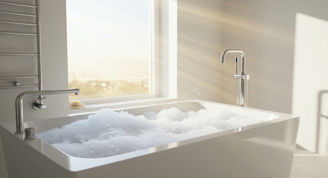 A bathtub filled with foam and bubbles in a bright bathroom with a window view