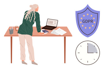 Person standing at a desk with a laptop, documents, and coffee GDPR compliance shield, clock symbol. Ideal for data privacy, regulation, compliance, legal security, time management digital safety