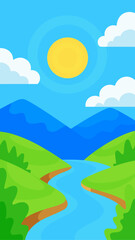 Obraz premium Stylized cartoon landscape with rolling green hills a winding blue river and distant blue mountains under a bright sun and blue sky with white clouds