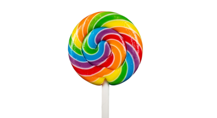 Colorful spiral lollipop candy with rainbow stripes on transparent background