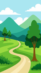 Obraz premium Cartoon landscape with winding path and green hills under a blue sky