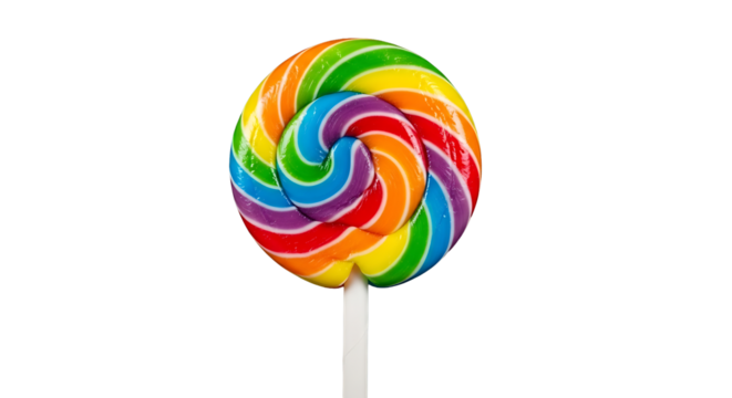 Colorful spiral lollipop candy with rainbow stripes on transparent background