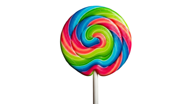 Swirling rainbow lollipop candy with vibrant colors on a stick on transparent background