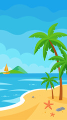 Fototapeta premium Tropical beach scene with palm trees ocean sailboat and starfish