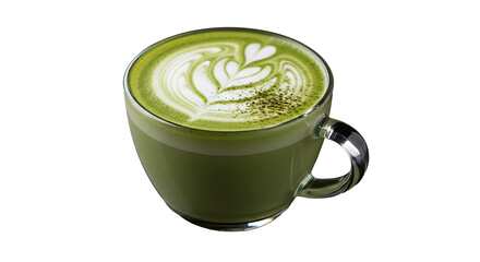 Steaming green matcha latte art in a glass cup on transparent background