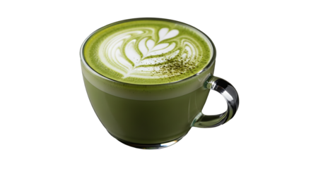 Steaming green matcha latte art in a glass cup on transparent background