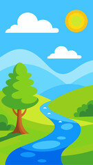 Obraz premium Vibrant cartoon landscape with a winding river green hills a tree and a sunny sky