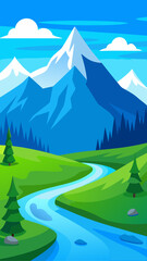 Obraz premium Stylized illustration of a winding river flowing through green hills towards snow capped mountains under a blue sky with clouds