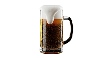 Refreshing beer mug with overflowing foam on a transparent background