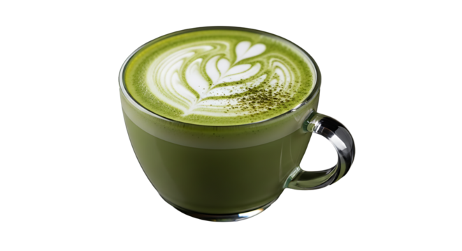 Steaming green matcha latte art in a glass cup on transparent background