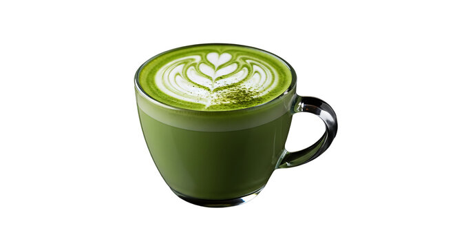 Vibrant matcha latte with artistic latte art displayed, on transparent background - Powered by Adobe