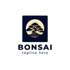 Japanese Bonsai Garden Tree Logo. Plant Silhouette Organic Icon Sign With Brush Circle. Creative Botanic Vector Illustration