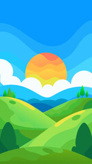 Vibrant cartoon landscape with rolling green hills and a bright sun rising in a blue sky with clouds