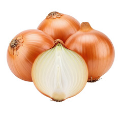 Four whole yellow onions and one cut in half against a background food vegetable
