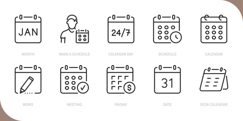 Calendar & schedule line icon set. Month, make a schedule, calendar day, shedule, calendar, memo, meeting, payday, date, desk calendar sign. Vector illustration. Editable stroke. Flat design.
