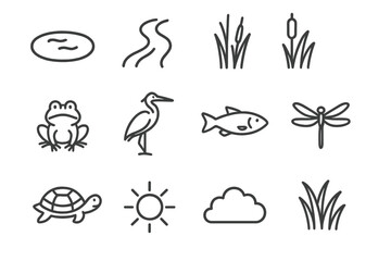 Fototapeta premium Wetland Life Icons. Wetland ecosystem. Line icon set of Wetland ecosystem: pond, river, reeds, cattail, frog, heron, fish, dragonfly, turtle, sun, cloud, marsh