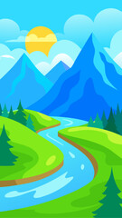 Vibrant cartoon landscape with a winding river green hills pine trees and blue mountains under a sunny sky