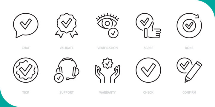 Check mark line icon set. Chat, validate, verification, agree, done, tick, support, warranty, check, confirm sign. Vector illustration. Editable stroke. Flat design.