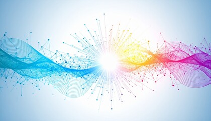 Abstract visualization of a particle collision event with numerous lines and dots radiating outwards from a central bright light.