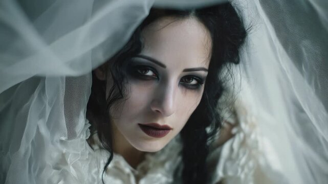Spooky corpse bride with dark makeup and a white veil looking directly at the camera. Creepy and melancholic character for a halloween horror scene, representing a ghostly or undead figure