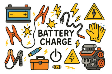 Battery Charging Essentials. Battery Charge. Colorful Hand-drawn doodle Children illustration Battery Charge car battery, charger, jumper cables, spark, red