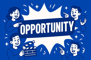 Obraz premium Opportunity Announcement Design. Opportunity banner, flat vector illustration, bold oversized text inside splash explosion shape, cartoon characters pointing