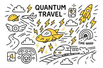 Futuristic Quantum Travel. Quantum Travel. Hand-drawn doodle illustration quantum travel futuristic vehicle (accented), motion lines, speedometer, rocket