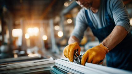 Factory worker's hands in safety gloves carefully assembling white PVC window frame components joining corners with specialized tools aluminum profiles and glass panes visible