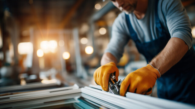Factory worker's hands in safety gloves carefully assembling white PVC window frame components joining corners with specialized tools aluminum profiles and glass panes visible