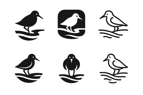 Sandpiper Shoreline Logo. Shoreline ecosystems and animal interactions. Set Logo of sandpiper with shoreline: Filled silhouette, Negative space, Minimal