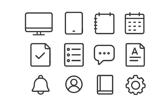 Learning Tools Icons. Learning tools. Line icon set of Learning tools: computer, tablet, notebook, calendar, assignment sheet, course list, message bubble,