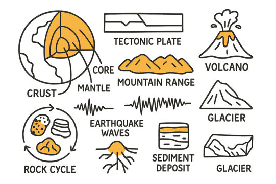 Earth Layers Diagram. Earth layers. Hand-drawn doodle illustration earth layers crust (accented), mantle (accented), core (accented), tectonic plate, volcano,