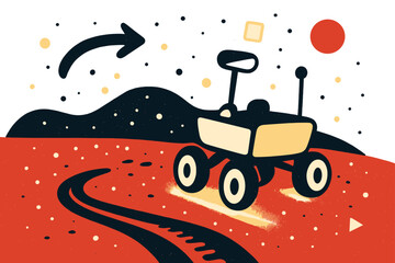 Martian Exploration Tracks. Rover wheel tracks. Glowing rover leaving tracks across red Martian surface, abstract floating dust particles and geometric shapes