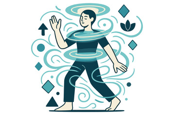 Radiant Spiritual Emergence. Awakening aura. Glowing person with abstract floating halos, light trails, and geometric shapes emphasizing self-discovery,