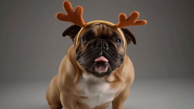 A french bulldog with reindeer antlers sits on a grey background, snorting and wheezing with foggy breath, conveying comical and endearing holiday character.